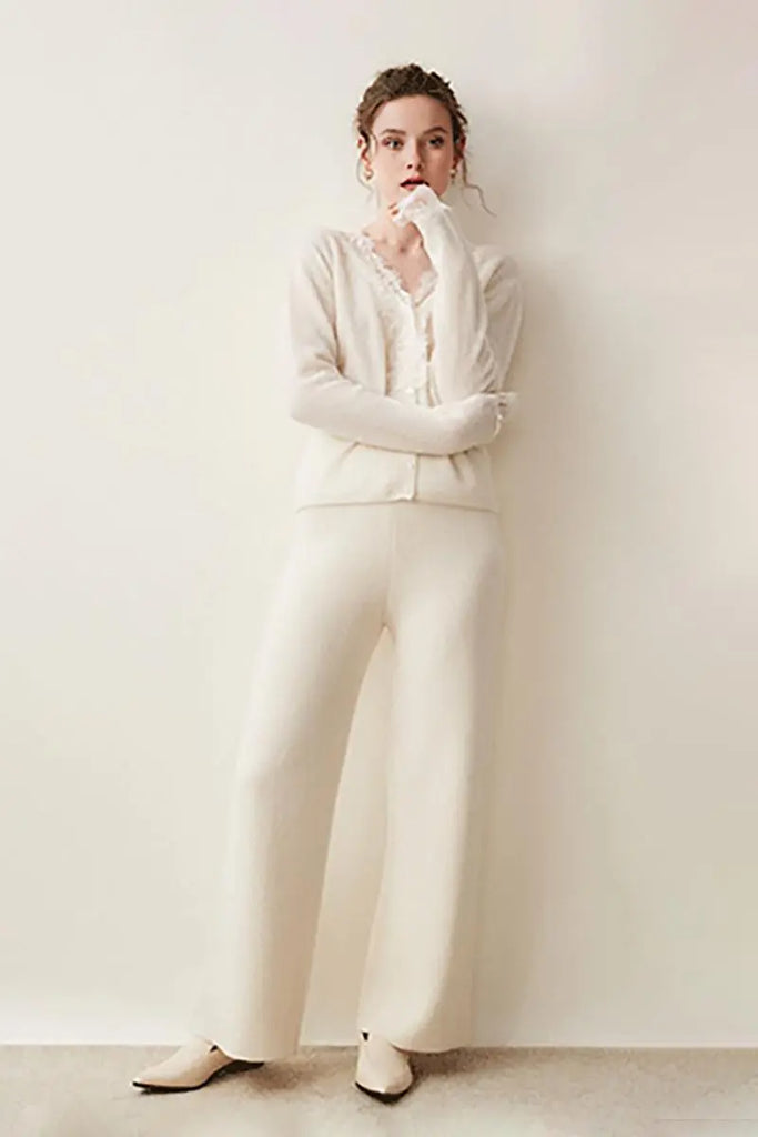 Fibflx Women's 100 Cashmere V-Neck Cardigan with Lace Trim