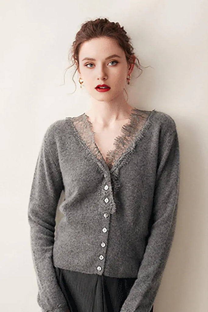 Fibflx Women's 100 Cashmere V-Neck Cardigan with Lace Trim