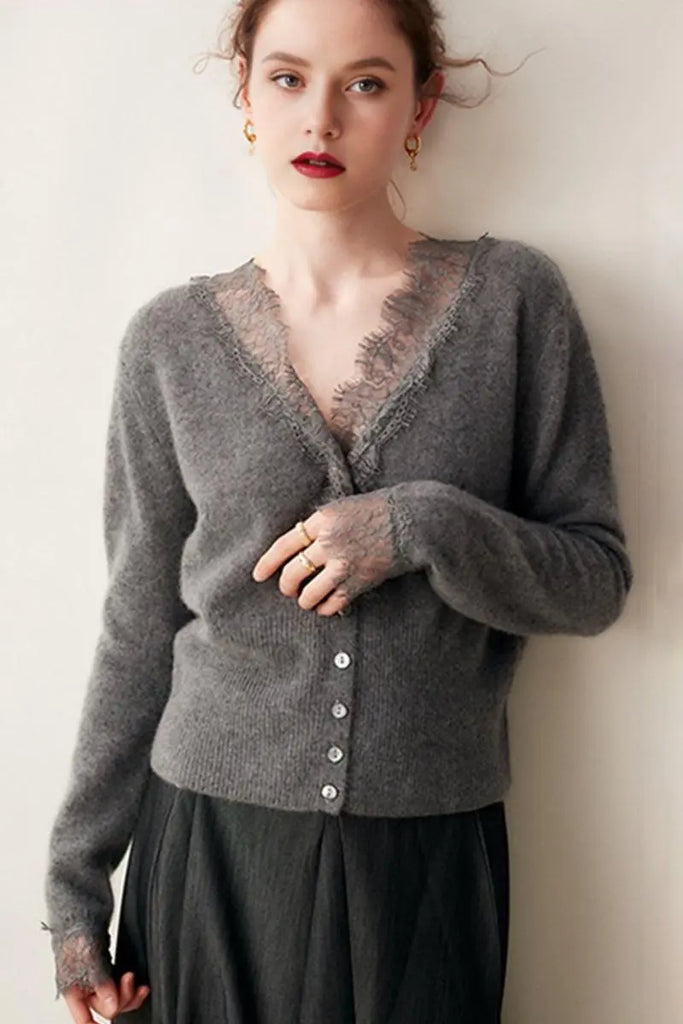 Fibflx Women's 100 Cashmere V-Neck Cardigan with Lace Trim