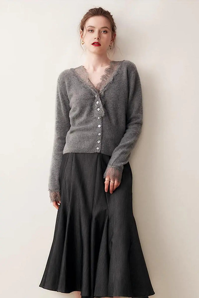 Fibflx Women's 100 Cashmere V-Neck Cardigan with Lace Trim
