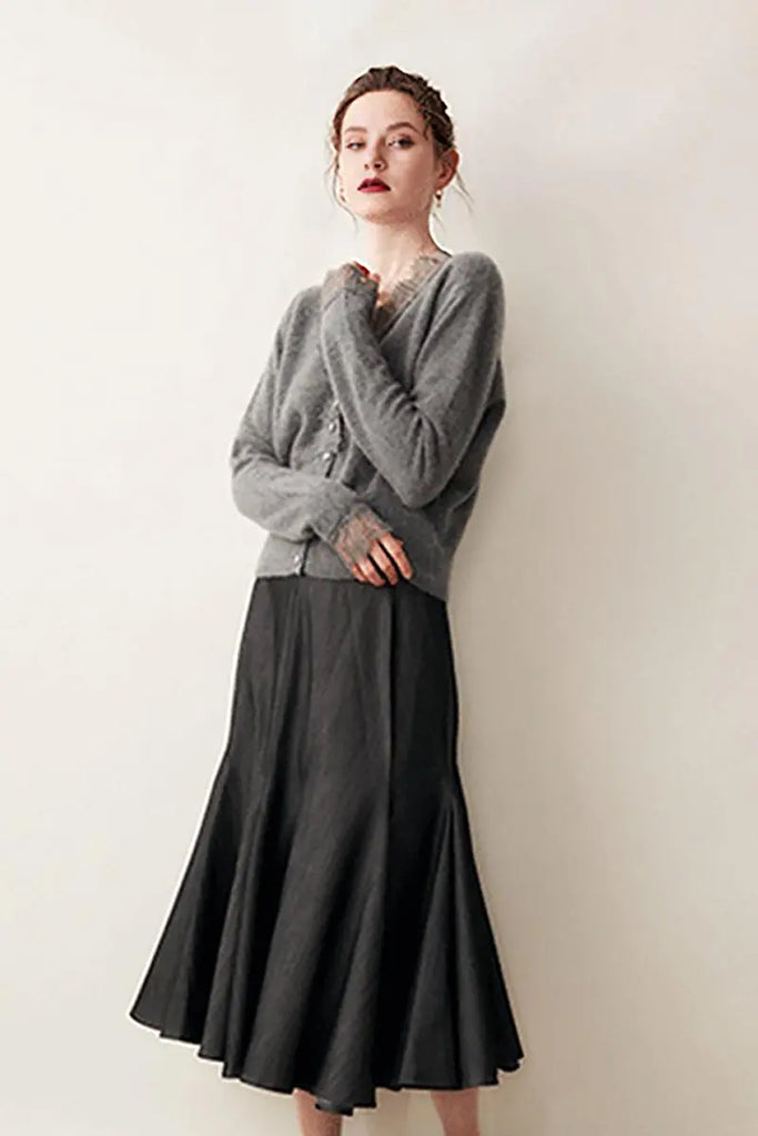 Fibflx Women's 100 Cashmere V-Neck Cardigan with Lace Trim