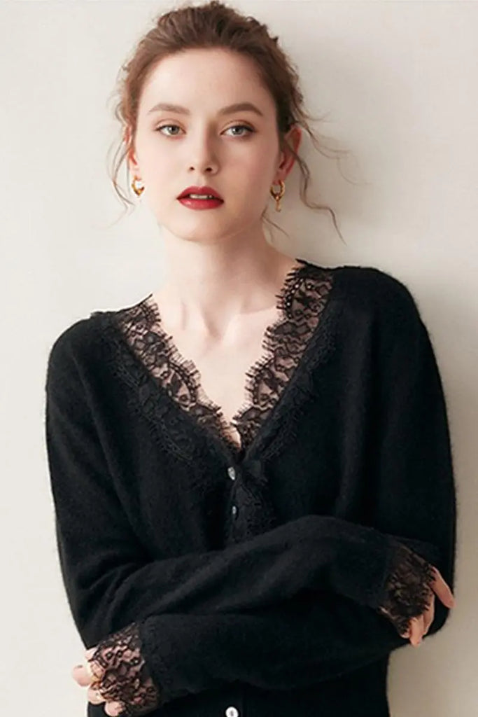 Fibflx Women's 100 Cashmere V-Neck Cardigan with Lace Trim