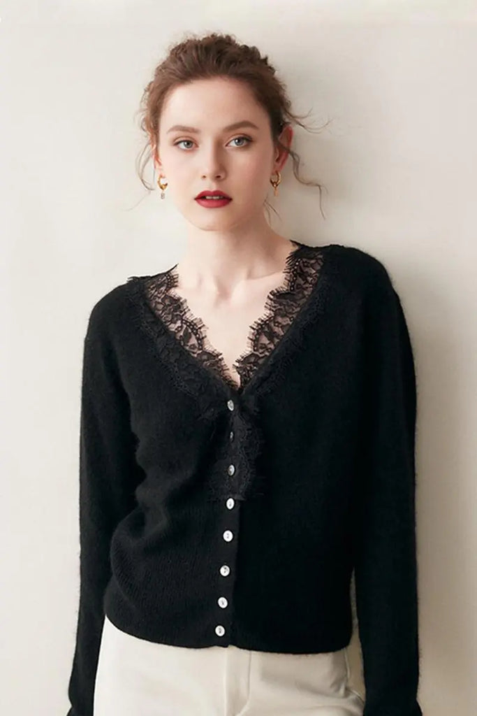Fibflx Women's 100 Cashmere V-Neck Cardigan with Lace Trim