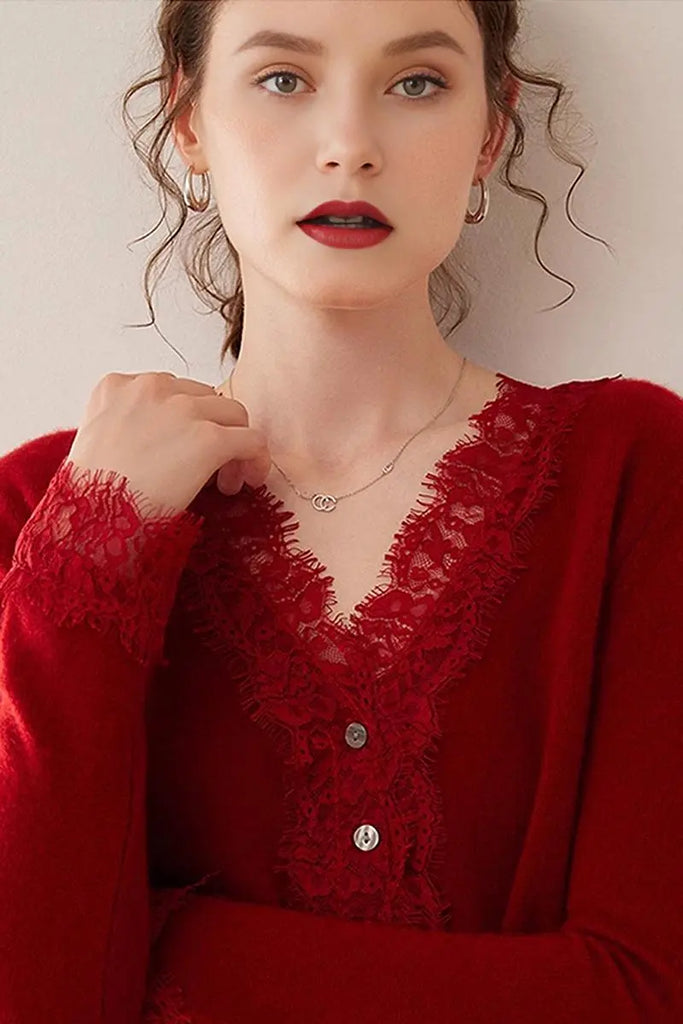 Fibflx Women's 100 Cashmere V-Neck Cardigan with Lace Trim