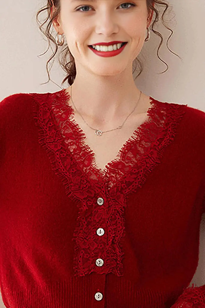 Fibflx Women's 100 Cashmere V-Neck Cardigan with Lace Trim