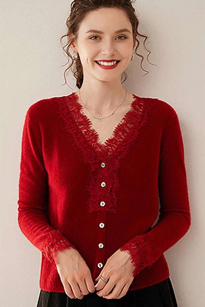Fibflx Women's 100 Cashmere V-Neck Cardigan with Lace Trim