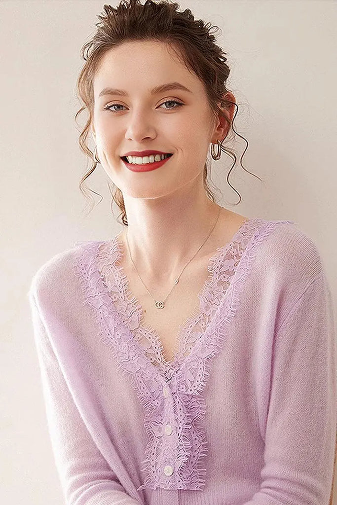 Fibflx Women's 100 Cashmere V-Neck Cardigan with Lace Trim