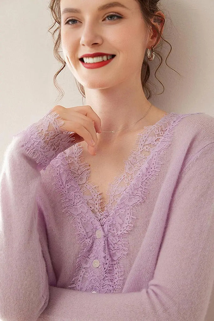 Fibflx Women's 100 Cashmere V-Neck Cardigan with Lace Trim