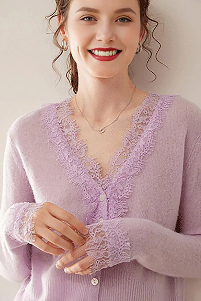 Fibflx Women's 100 Cashmere V-Neck Cardigan with Lace Trim