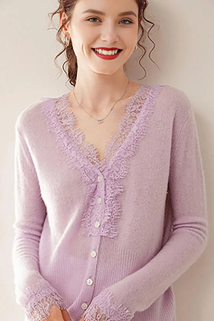 Fibflx Women's 100 Cashmere V-Neck Cardigan with Lace Trim