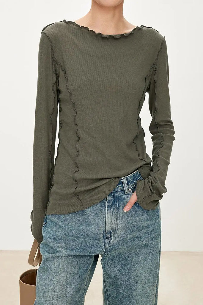 Fibflx Women's 100 Cotton Ribbed Knit Boat Neck Lettuce Trim Slim Fit Top