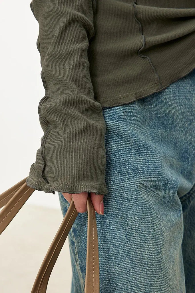 Fibflx Women's 100 Cotton Ribbed Knit Boat Neck Lettuce Trim Slim Fit Top