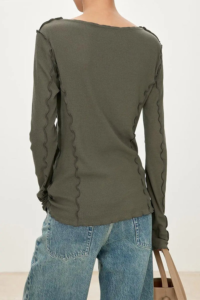 Fibflx Women's 100 Cotton Ribbed Knit Boat Neck Lettuce Trim Slim Fit Top