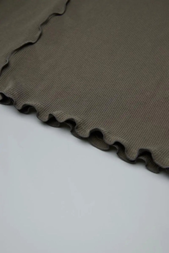 Fibflx Women's 100 Cotton Ribbed Knit Boat Neck Lettuce Trim Slim Fit Top