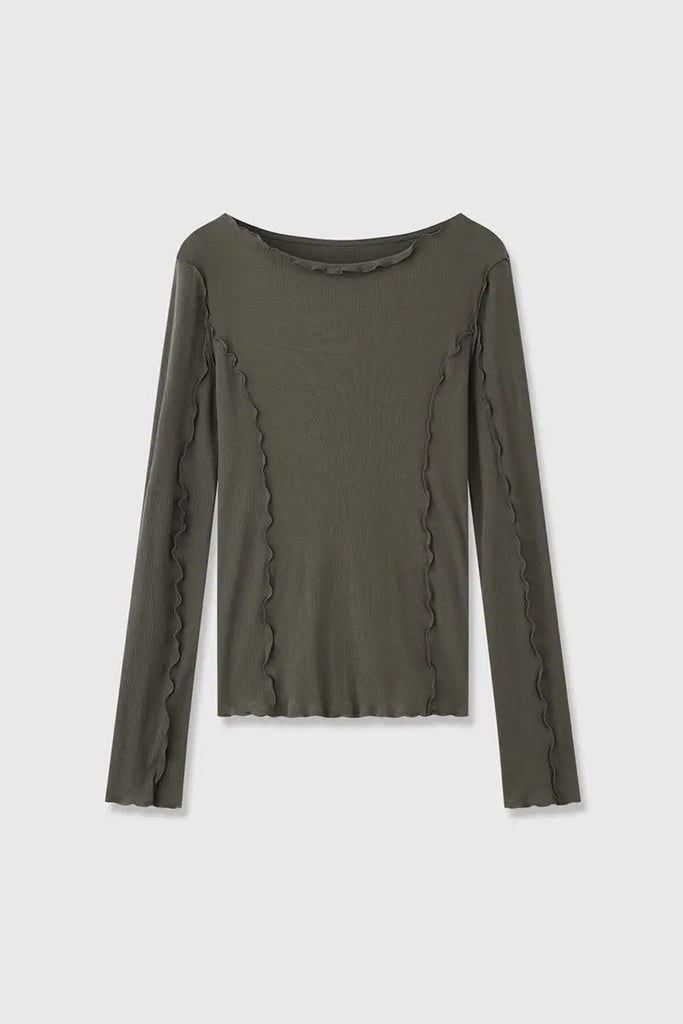 Fibflx Women's 100 Cotton Ribbed Knit Boat Neck Lettuce Trim Slim Fit Top