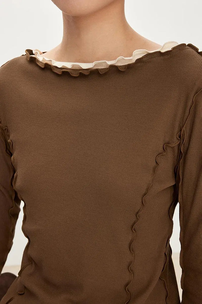 Fibflx Women's 100 Cotton Ribbed Knit Boat Neck Lettuce Trim Slim Fit Top