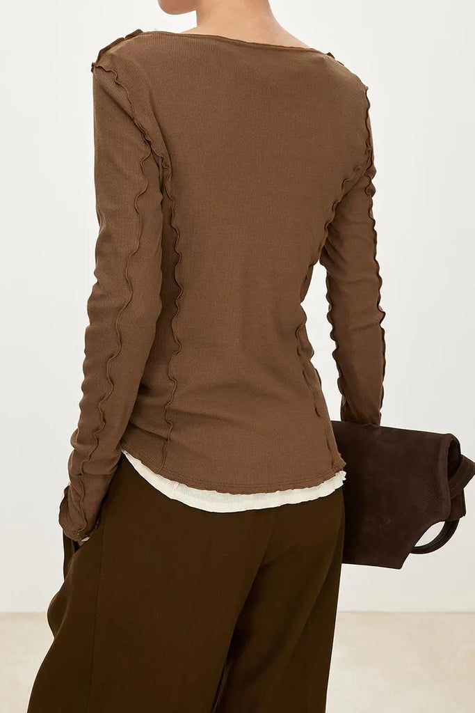 Fibflx Women's 100 Cotton Ribbed Knit Boat Neck Lettuce Trim Slim Fit Top