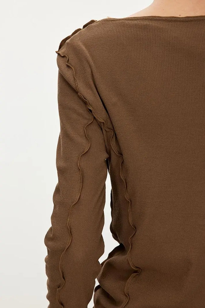 Fibflx Women's 100 Cotton Ribbed Knit Boat Neck Lettuce Trim Slim Fit Top