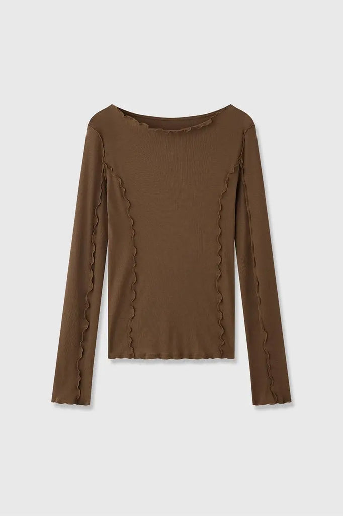 Fibflx Women's 100 Cotton Ribbed Knit Boat Neck Lettuce Trim Slim Fit Top