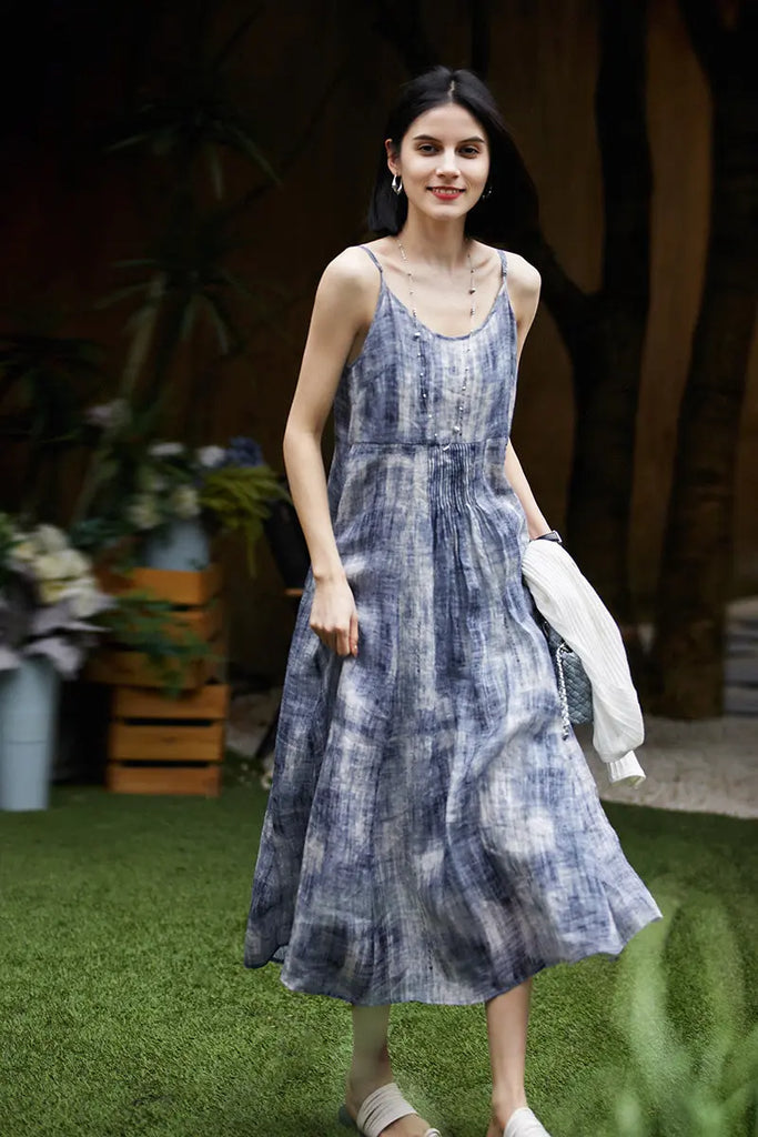 100-Count Fine Ramie Blue Tie Dye Spaghetti-Strap Maxi Dress - Fibflx