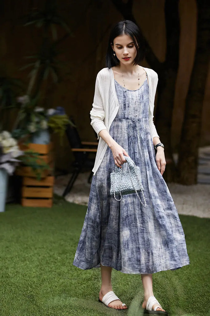 100-Count Fine Ramie Blue Tie Dye Spaghetti-Strap Maxi Dress - Fibflx