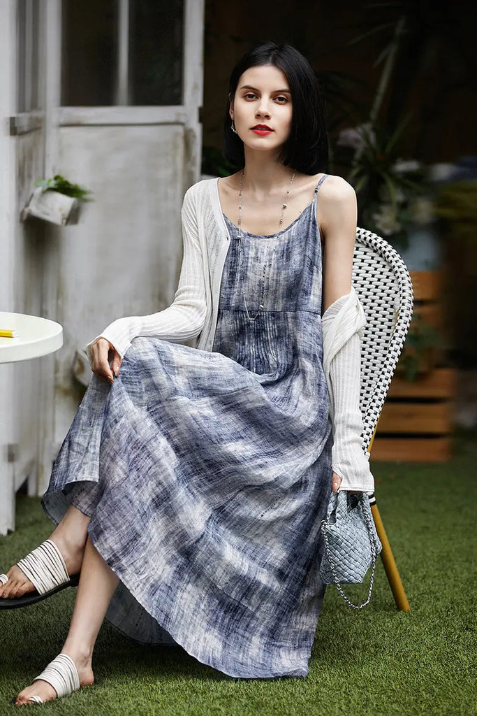 100-Count Fine Ramie Blue Tie Dye Spaghetti-Strap Maxi Dress - Fibflx