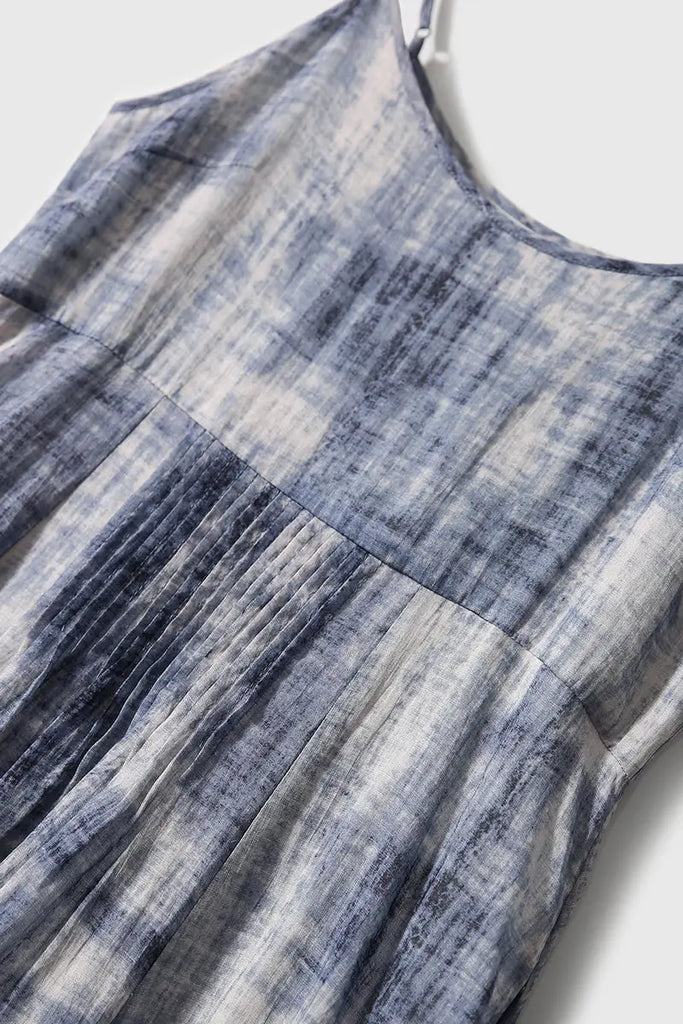 100-Count Fine Ramie Blue Tie Dye Spaghetti-Strap Maxi Dress - Fibflx