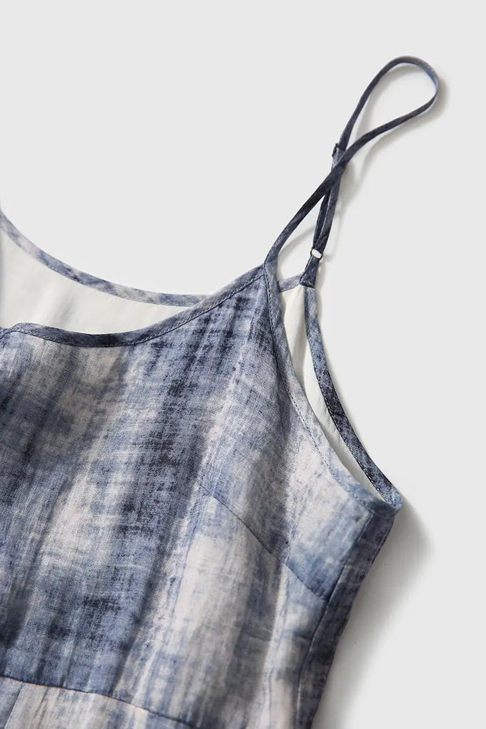100-Count Fine Ramie Blue Tie Dye Spaghetti-Strap Maxi Dress - Fibflx