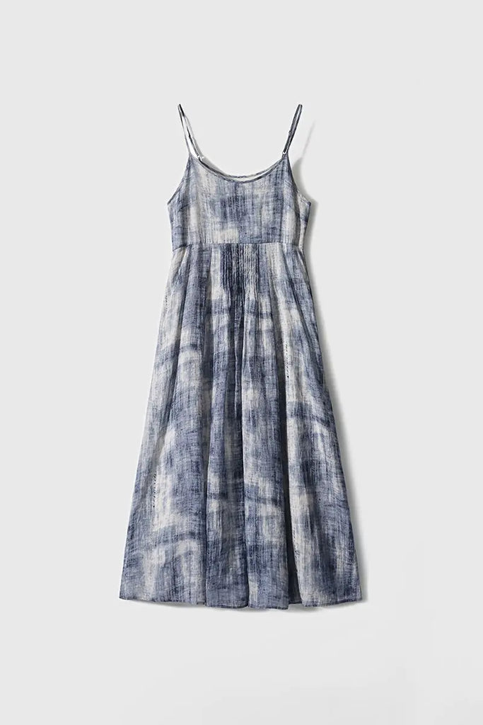 100-Count Fine Ramie Blue Tie Dye Spaghetti-Strap Maxi Dress - Fibflx