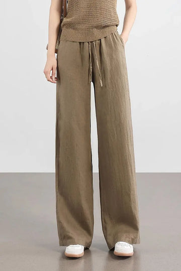 100 European Linen Wide-Leg Drawstring Pants - Fibflx