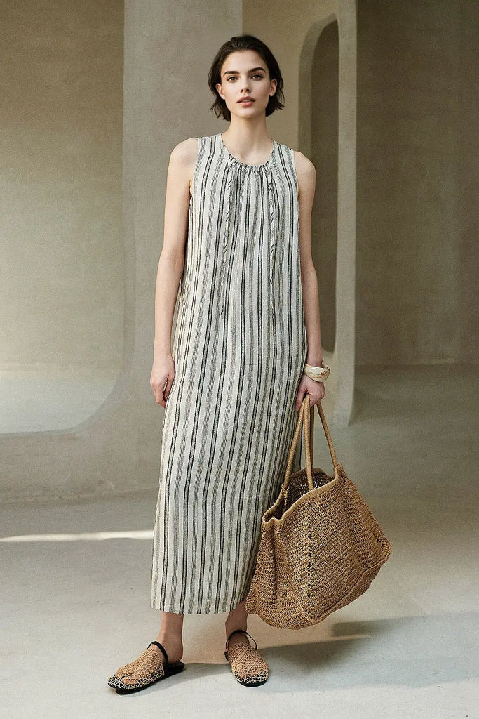 100 French Linen Striped Sleeveless Maxi Dress - Fibflx