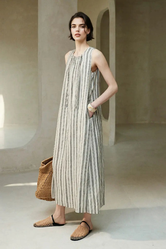 100 French Linen Striped Sleeveless Maxi Dress - Fibflx