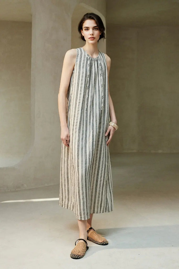 100 French Linen Striped Sleeveless Maxi Dress - Fibflx