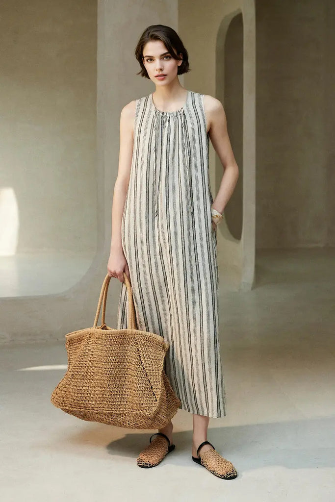 100 French Linen Striped Sleeveless Maxi Dress - Fibflx