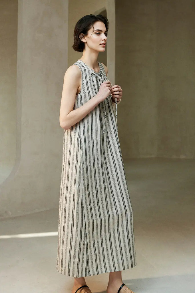 100 French Linen Striped Sleeveless Maxi Dress - Fibflx