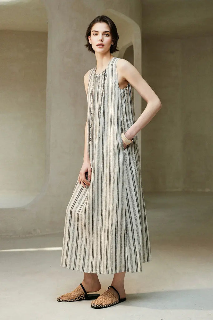 100 French Linen Striped Sleeveless Maxi Dress - Fibflx