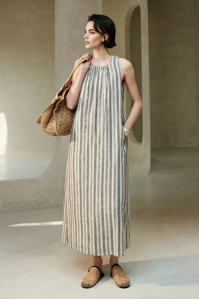 100 French Linen Striped Sleeveless Maxi Dress - Fibflx