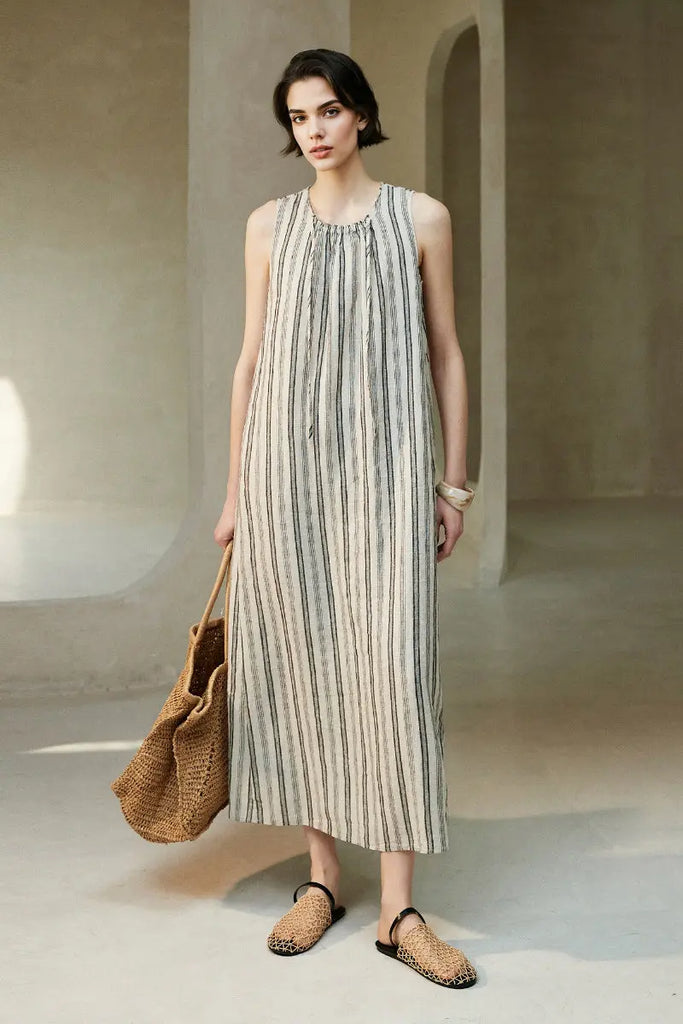 100 French Linen Striped Sleeveless Maxi Dress - Fibflx