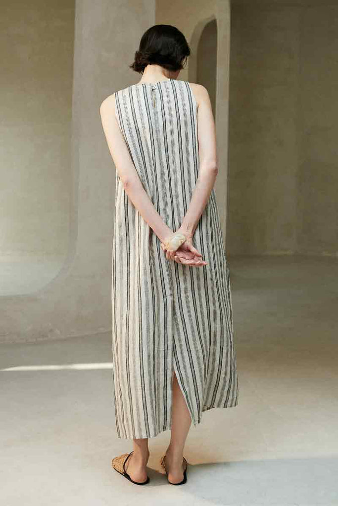100 French Linen Striped Sleeveless Maxi Dress - Fibflx