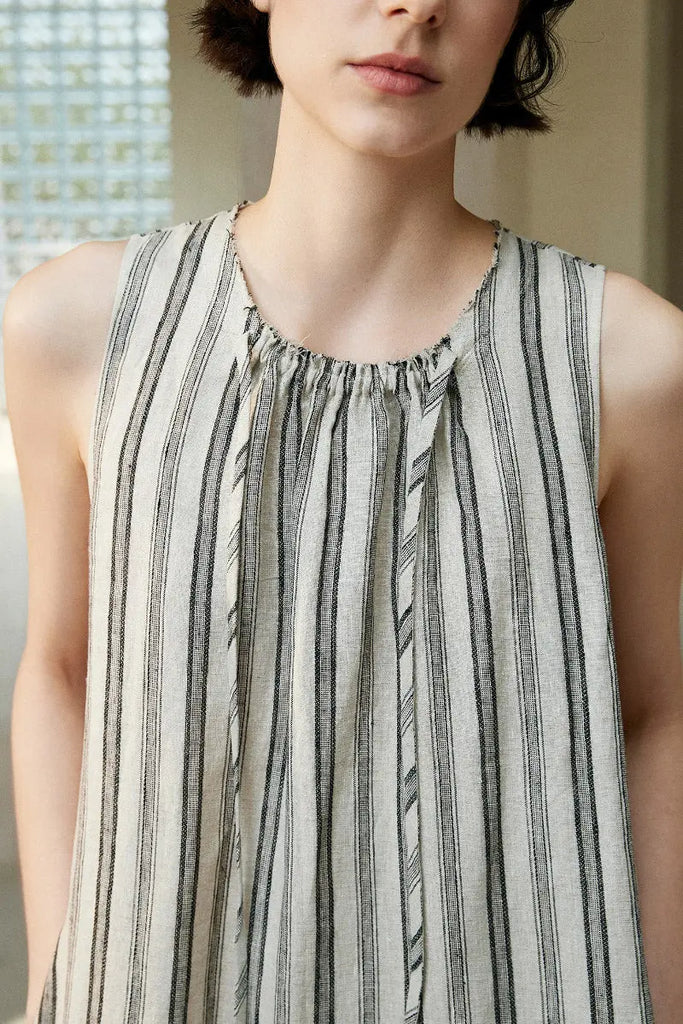 100 French Linen Striped Sleeveless Maxi Dress - Fibflx