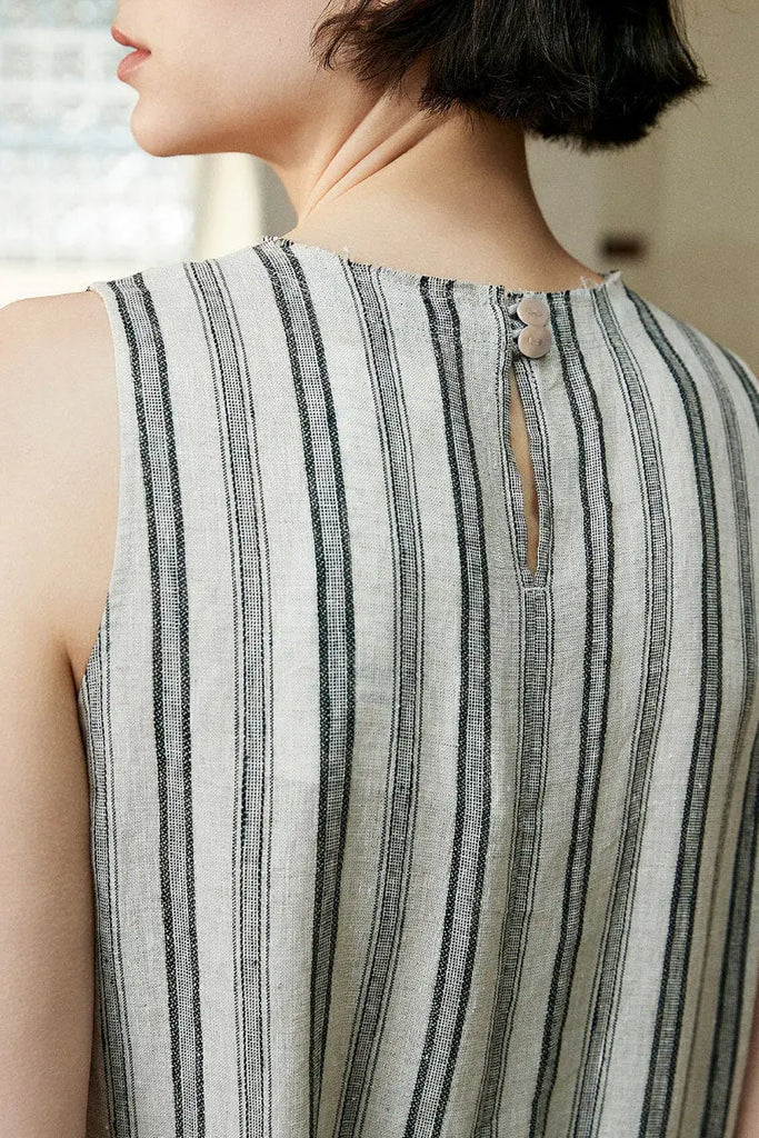 100 French Linen Striped Sleeveless Maxi Dress - Fibflx