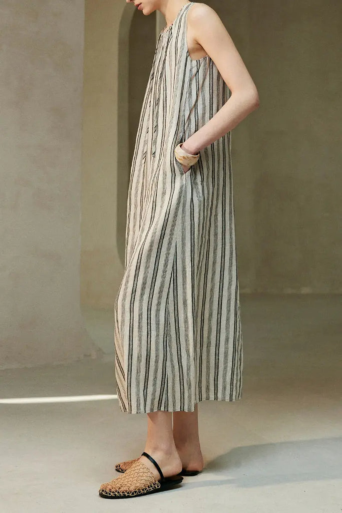 100 French Linen Striped Sleeveless Maxi Dress - Fibflx