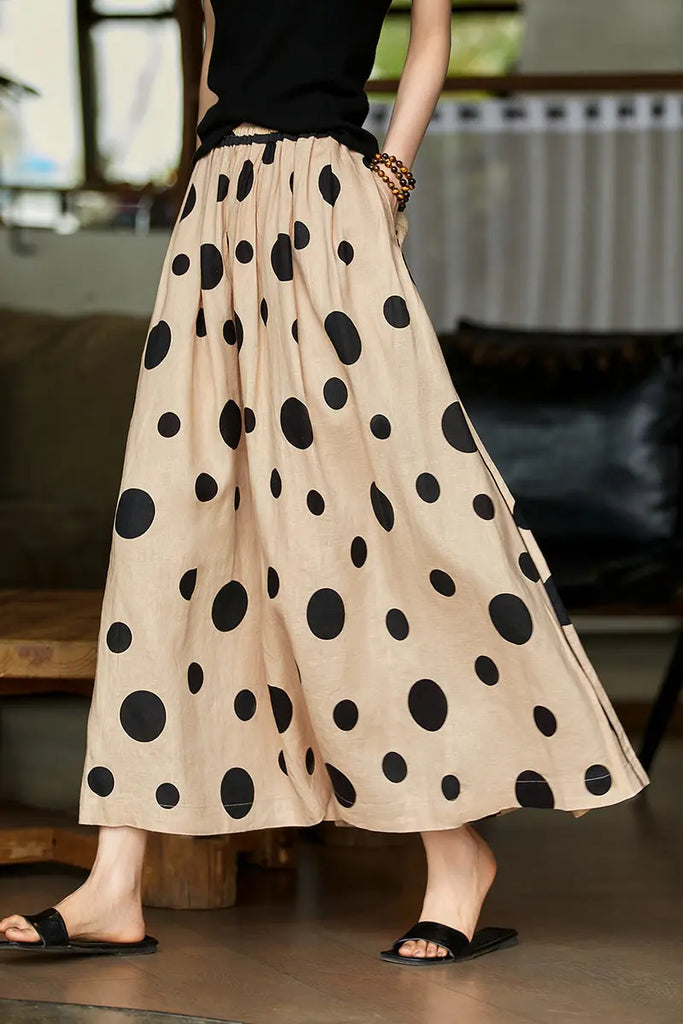 100 Linen Polka-Dot A-Line Midi Skirt - Fibflx