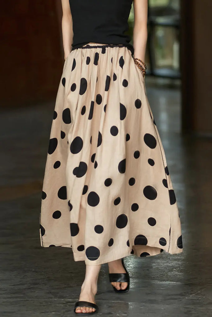 100 Linen Polka-Dot A-Line Midi Skirt - Fibflx
