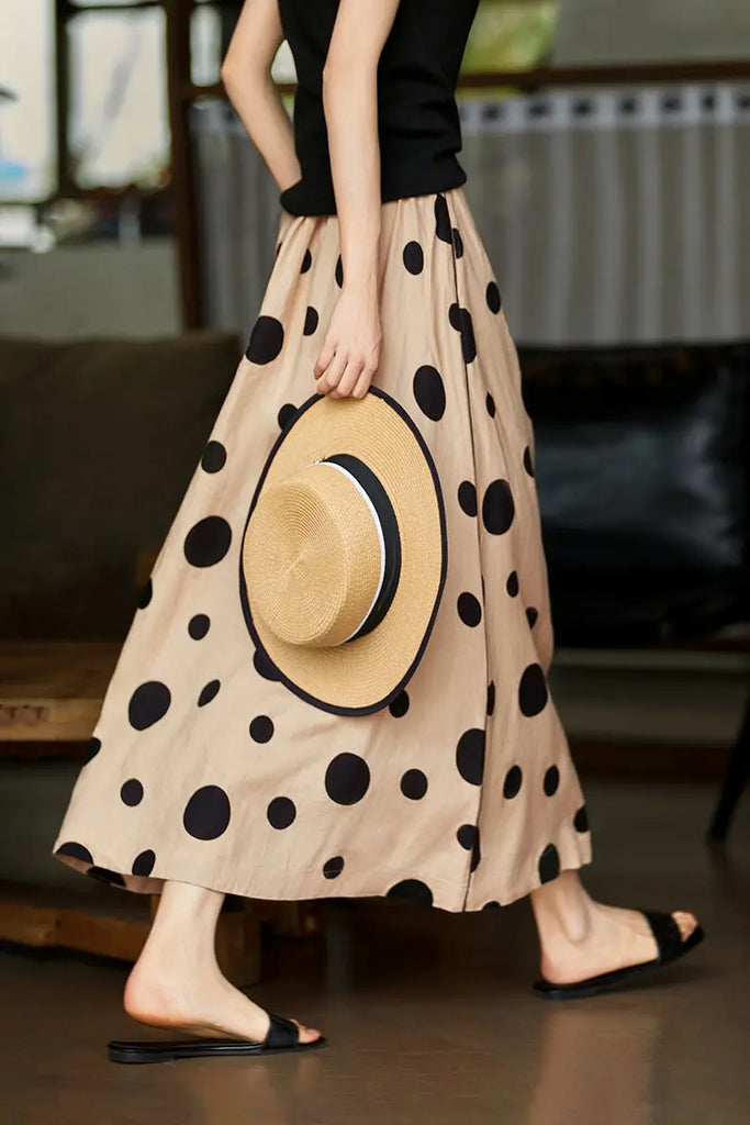 100 Linen Polka-Dot A-Line Midi Skirt - Fibflx