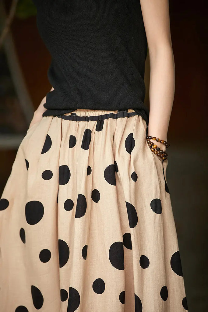 100 Linen Polka-Dot A-Line Midi Skirt - Fibflx