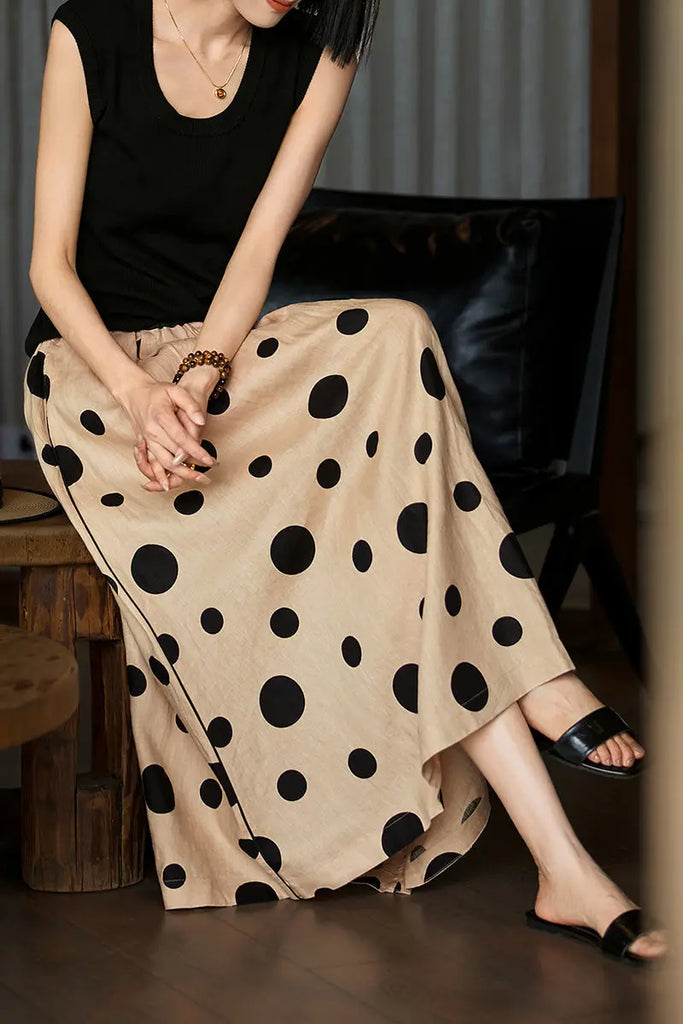100 Linen Polka-Dot A-Line Midi Skirt - Fibflx