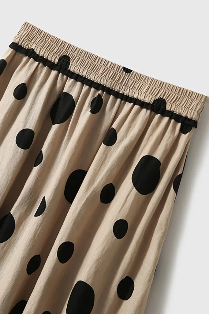 100 Linen Polka-Dot A-Line Midi Skirt - Fibflx