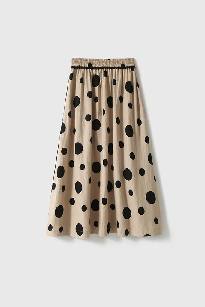 100 Linen Polka-Dot A-Line Midi Skirt - Fibflx