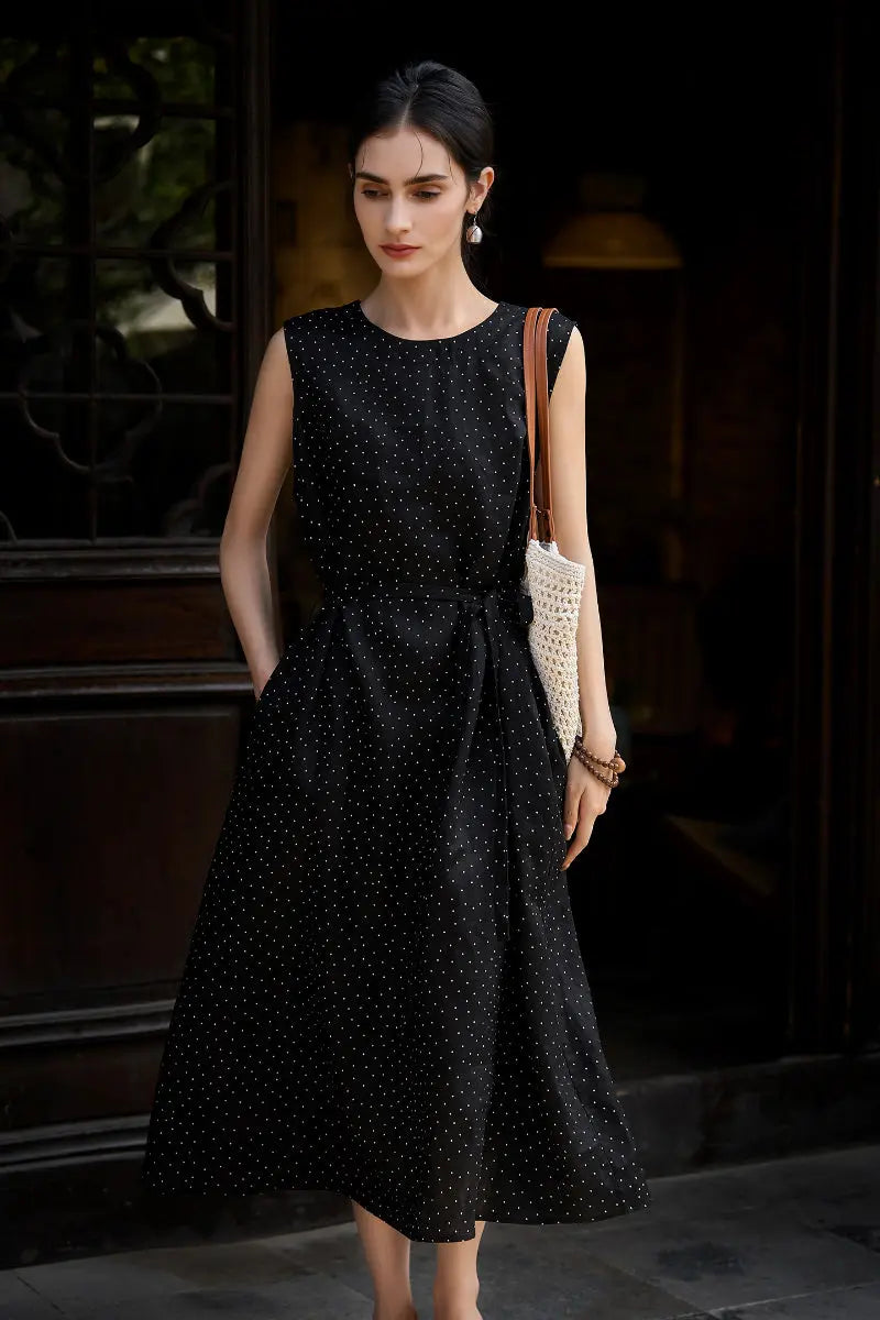 dotted linen blend midi dress 100 Linen Polka Dot Sleeveless Midi Dress With Pockets L / Black With White Polka Dots / 100% Linen